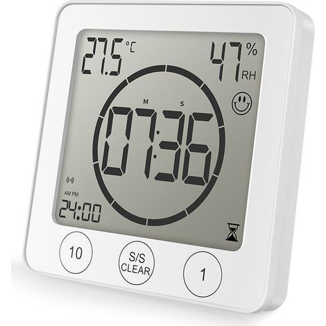 Reloj de ducha para baño, resistente al agua, con control táctil, alarma digital LCD, termómetro e higrómetro, temporizador de cuenta regresiva, funciona con pilas, ideal para maquillaje y cocina (bla (1/3)