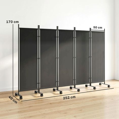Cloison décorative en acier à 5 panneaux (avec 12 roulettes et fixations), noire (1/5)