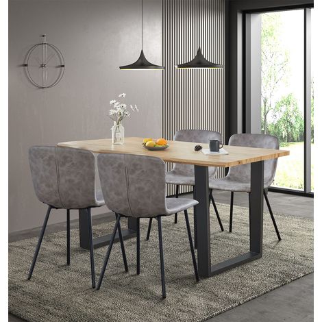Hallowood Furniture Cullompton Dining Table and Chairs Set 4, Live Edge Effect Kitchen Table and Taupe Faux Leather Kitchen Chairs, Modern Dining Set for Home and Café (160cm) (1/5)