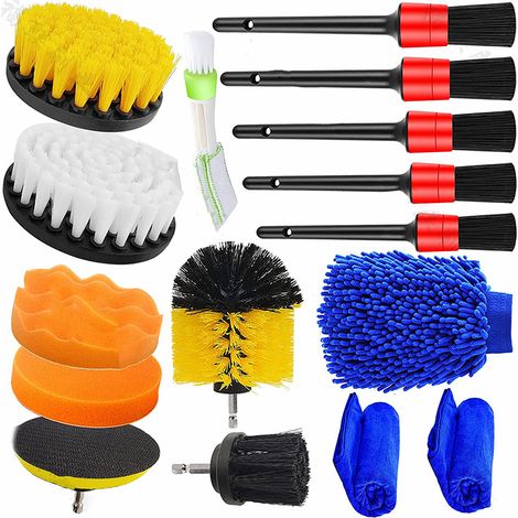 Kit de brosses nettoyage auto 17pcs avec brosse drille pour habitacle extérieur tableau de bord aérations PP fibre (1/5)