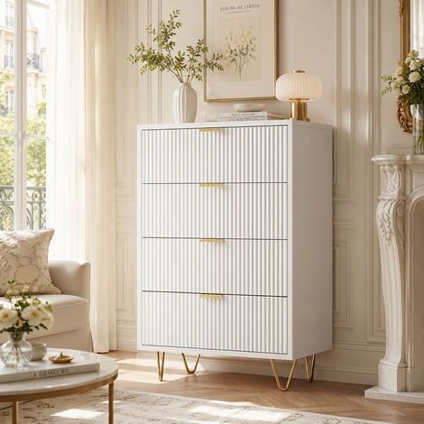 Commode 4 tiroirs blanche 60 x 34 x 91 cm - Panneaux de particules en bois massif - Salon/Chambre - Scandinave/Moderne - Poignées et pieds en métal (1/5)