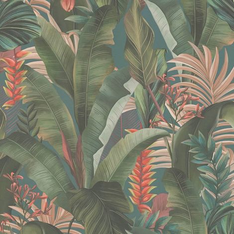 Flowers wallcovering wall Profhome 394352 hot embossed non-woven wallpaper slightly textured with jungle elements matt blue teal green salmon pink 5.33 m2