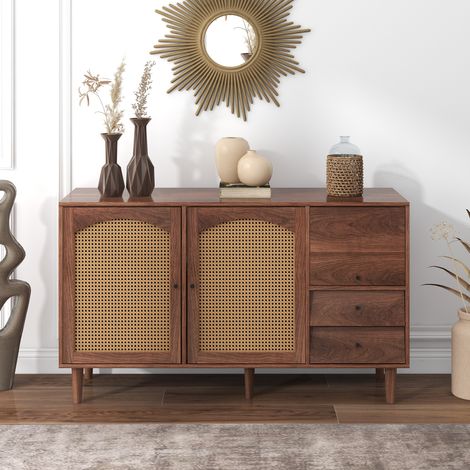 Modernluxe – Buffet bas 3 portes 2 tiroirs en panneaux de particules – Style rustique avec tressage en rotin – Dimensions 130x75,5x40,9 cm (1/5)