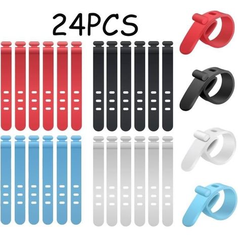 Kabelbinder (Schwarz, Weiß, Rot, Blau) – Nicht spezifiziert – Silikon-Kabelclips – 24 Stück – Verschiedene Farben – Wiederverwendbar (1/4)