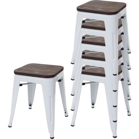 [NEUWERTIG] 6er-Set Hocker HHG-771 inkl. Holz-Sitzfläche, Metallhocker Sitzhocker, Metall Industriedesign stapelbar weiß
