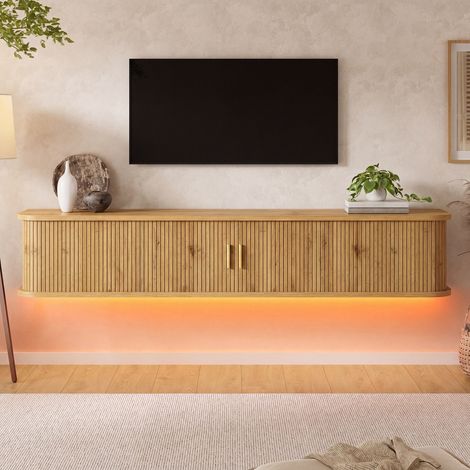 Mobile tv sospeso 175x30x30cm per soggiorno con ante scorrevoli scanalate - porta tv a muro in mdf con striscia led controllabile da app - naturale (1/5)