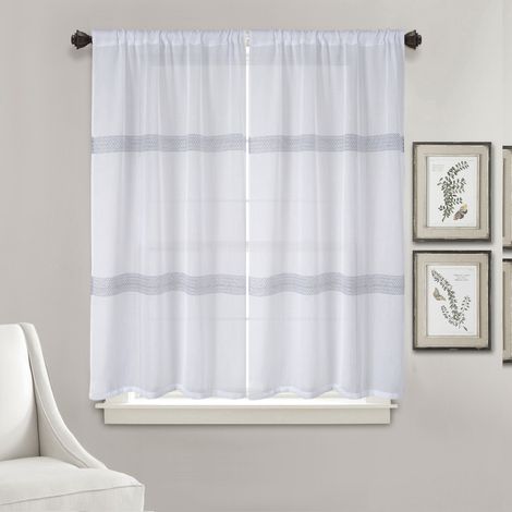 Homemaison – Paire de petits voilages droits 90x160 cm – Rayures horizontales en macramé ajouré – 100% polyester – Prêts à poser (1/2)