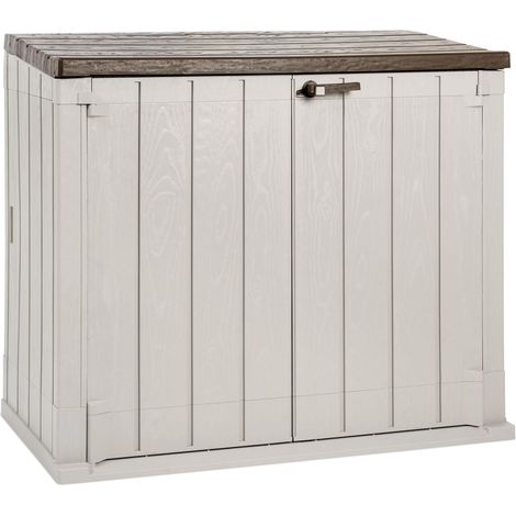 Toomax Storer Plus XL Baule da 1270L portattrezzi giardino, 145x85x124,5h cm effetto legno grigio talpa/marrone, porta bidoni spazzatura con coperchio assistito, resistente ai raggi UV, per esterni