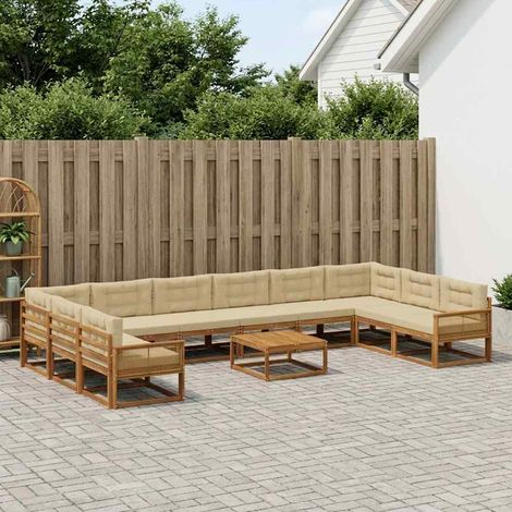 Ensemble de canapés d’extérieur 11 pièces en bois d’acacia massif naturel et beige avec coussins, pour jardin et patio (1/5)