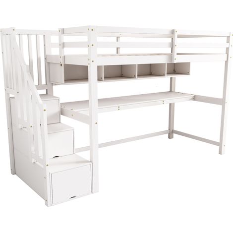 Lit mezzanine pour enfant avec escalier de rangement 90200cm, bois massif+MDF, lit superposé, lit enfant avec grand bureau et étagères, peintures écologiques, blanc [OLD SKU:N634P18638123A-1] (1/5)