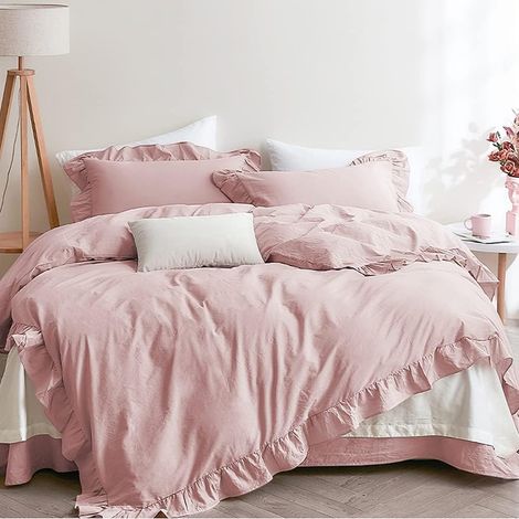 Feuille de Lotus Housse de Couette 220x240cm + 2 taies d'oreiller 65x65cm Ado Fille Adulte Rose Volants Romantique Parure de Lit 2 Personnes Avez Fermeture Éclair (1/5)