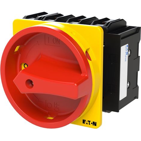 Eaton Interruptor principal, P3, 63 A, empotrado, 3 polos + N, 1 NA, 1 NC, función PARADA DE EMERGENCIA, con empuñadura giratoria roja y collarín de bloqueo amarillo, bloqueable en posición 0, 067351