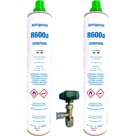 Pack 2 Gas R600a Isobutano 420g  Rosca 7/16"  Refrigerante Ecológico para Frigoríficos y Congeladores  840g Total