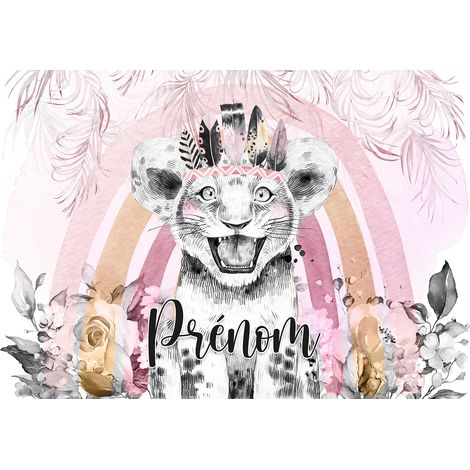 Papier peint panoramique enfant avec prénom personnalisable - Lion Indien - 130 cm x 90 cm (1/2)