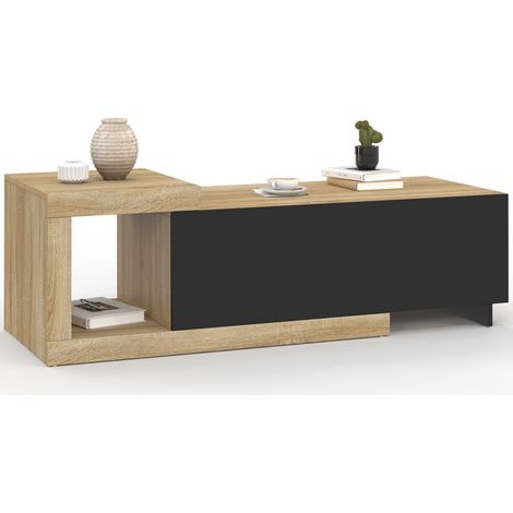 Couchtisch 100-130 cm RAPHAEL ausziehbar 1 Tür Holz und Schwarz