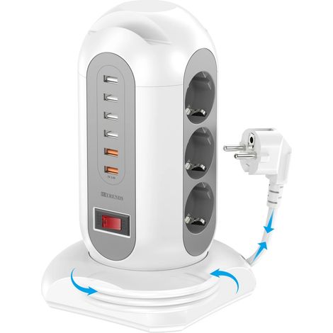 Multiprise tour 15 en 1 2500 W, 9 prises, 6 ports de chargement USB, prise d'extension rétractable de 1,8 mètres, Blanc