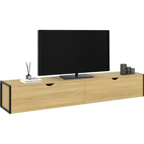 Idmarket – Meuble TV suspendu 180 cm – 2 portes abattantes – Effet bois et métal – Design industriel moderne – Pour écran jusqu'à 70 pouces (1/5)