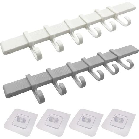 Lot de 2 supports muraux pour ustensiles de cuisine, sans perçage, fixation murale, crochets adhésifs avec 6 crochets coulissants (1/5)
