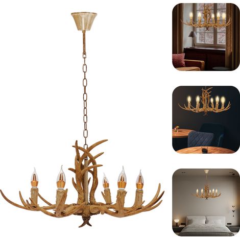 Retro Brown Antler Chandelier 6 Heads Deer Horn Ceiling Light Pendant Lamp (1/5)