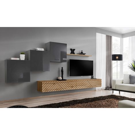Ensemble de 6 meubles muraux "Switch X " pour TV en bois - Gris et Beige - L 330 x H 150 x P 40 cm - Livraison gratuite