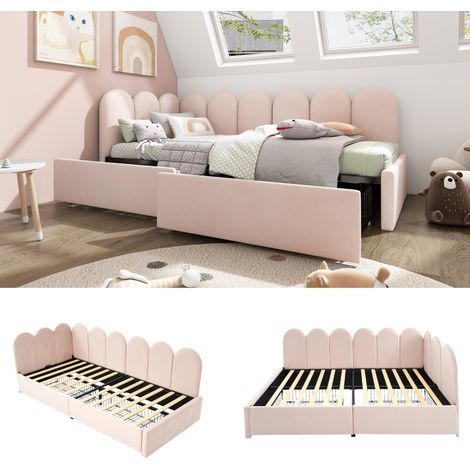 Lit simple capitonné avec tiroirs de rangement, lit de jour en velours, canapé-lit 90x190cm avec sommier à lattes, lit enfant et adulte, rose (sans matelas) (1/5)