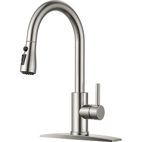 Rubinetto Cucina con Spray Estrattabile, Nichel Spazzolato, Arco Alto Monocomando Tradizionale 3 Modalità in Acciaio Inossidabile per Lavello Fattoria Camper Bar Lavanderia (1/4)