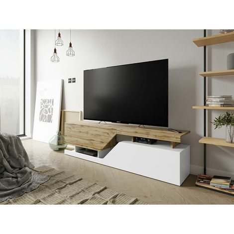 Mobilier1 – Meuble TV blanc et chêne wotan 160x47x35cm – 2 portes – Panneau stratifié 16mm – Système 'Push to Open' pour accès facile