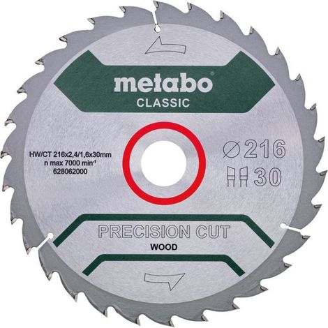 Hoja de sierra circular METABO Classic "Precisión en corte de madera" 628062000 - HW/CT - 216x30mm - 30WZ - 22°