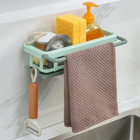 Étagère De Rangement Murale, Étagère à Épices Avec Porte-serviettes et 2 Crochets, Étagère Murale Sans Perforation Avec Gouttière Pour Salle De Bain et Cuisine (Vert) (1/5)