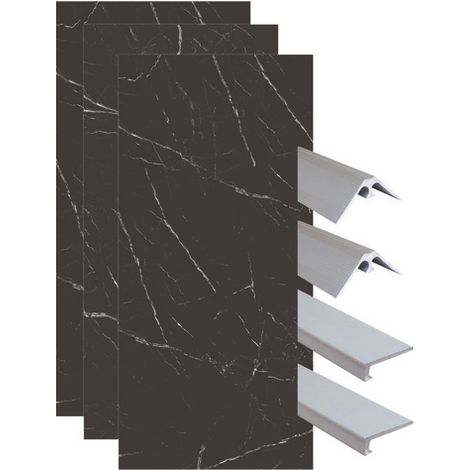 ONDEE ZEN - Pack montage 3 panneaux muraux en niche - marbre noir 120 cm - profilés chromés (1/4)