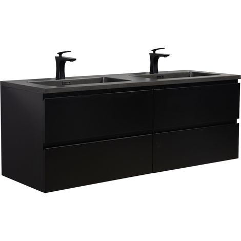 Badezimmer Badmöbel-Set Angela 140 cm - Schwarzes Waschbecken -