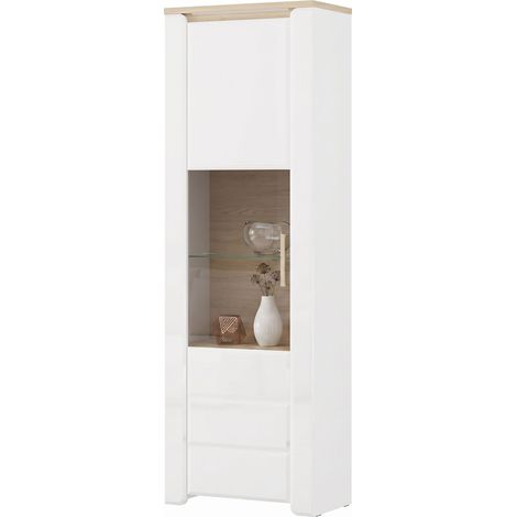 Dmora Vitrine Cibiana, 5 Regalböden, 1 Tür, Glastür- und Regal-Detail, 64x35x194h cm, Eiche Braun