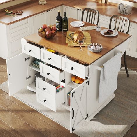 Îlot de cuisine pliant Meubliv blanc effet bois, desserte mobile rangement 147x44x93 cm (1/5)