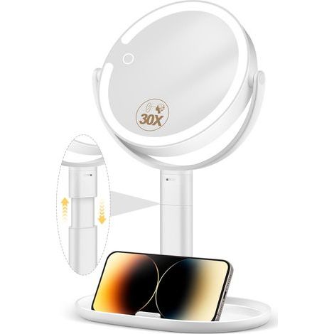 1 Miroir cosmétique double face, grossissement 30x, 64 LED, 3 couleurs, rotation 360°, batterie 3000 mAh, blanc (1/5)