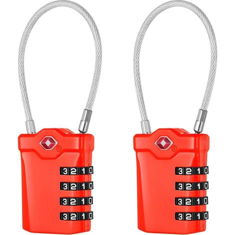 Cadenas à combinaison TSA 4 chiffres avec câble, robuste, rouge, lot de 2