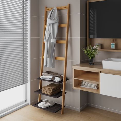 Échelle porte-serviettes en bambou naturel, support à vêtements autoportant pour salle de bain, 3 étagères, 4 barres et 5 crochets, séchoir décoratif sur pied, rangement mural vertical, bois de bambou (1/5)