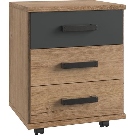 Jugendzimmer Rollkontainer EVERTON-43 mit 3 Schubkästen, Plankeneiche mit Absetzungen in Graphit, B x H x T ca. 46 x 58 x 40cm