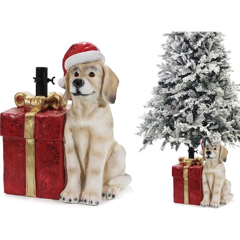 Supporto per albero di natale base forma di cane con cappello di babbo natale e pacco regalo rosso fiocco oro Piede vaso  decorazioni natalizie particolari elegante (1/4)