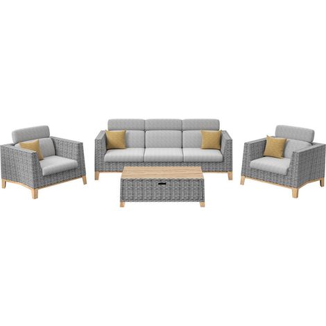 PROLOISIRS Ensemble salon de jardin complet 4 places Ivano en Aluminium - oak/naturel/gris
