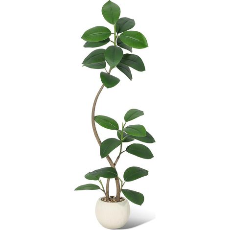 Plante Artificielle réaliste – Arbre Caoutchouc décoratif avec Double Tronc et Feuillage Naturel – Pot Effet Pierre Beige, Galets décoratifs – Idéal Salon, Bureau, intérieur – 150cm (1/5)