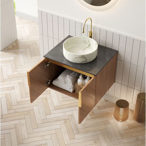 Mueble de baño con lavabo suspendido 61 cm moderno, lavabo redondo de cerámica blanco efecto piedra, encimera negra, 2 puertas (1/5)