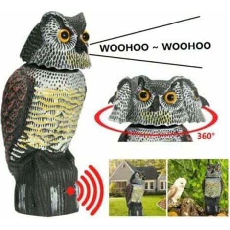 Realistic bird scarer with rotating head, sound of a prowling owl, decoy repellent, pest control scarecrow for garden or yard. (1/4)