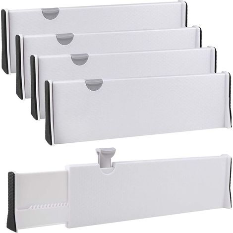 4er-Set ausziehbare Schubladeneinsätze, 37,8–54 cm, H–12,8 cm, Kunststoff, verstellbar, Schubladenorganizer für Kleidung und Besteck, Kommode, Schreibtisch (1/5)