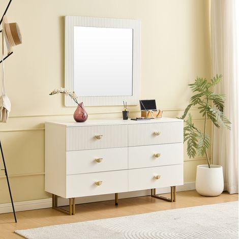Ensemble buffet et miroir 120x40x75 cm / 80x80 cm blanc en MDF avec 6 tiroirs et poignées dorées (1/5)