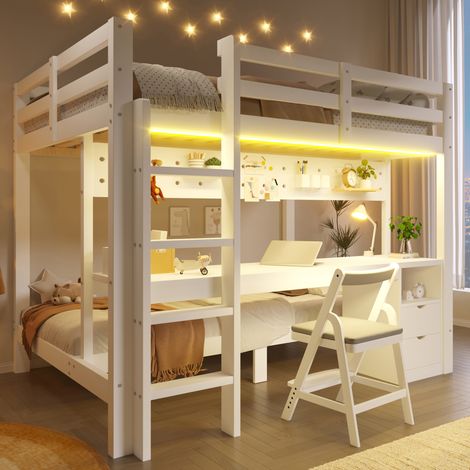 Cama alta (205x151x170 cm), con escritorio integrado, cajones y panel perforado, madera de pino y MDF, blanca (1/5)