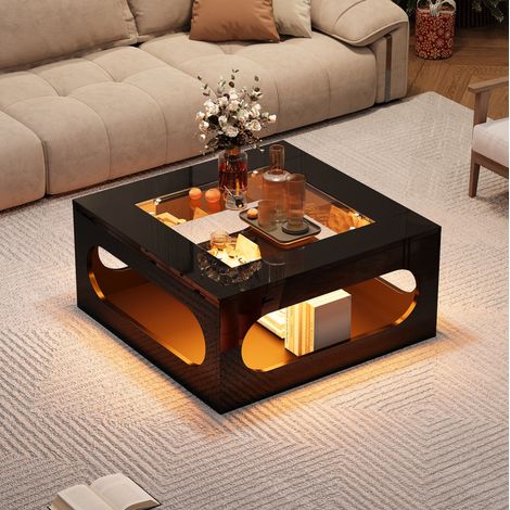 Tavolino basso quadrato 70 x 70 x 35 cm con LED, vetro temperato, MDF nero DESVIAE (1/5)