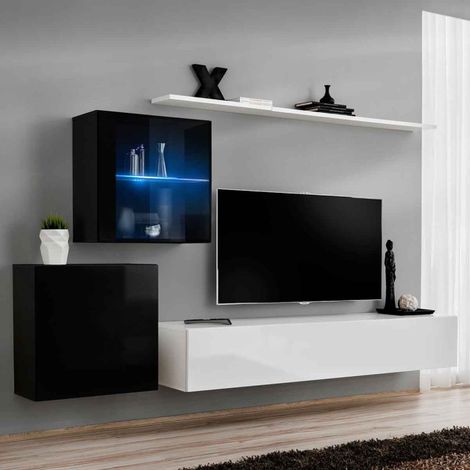 Meuble TV Mural Design "Switch XV" 260cm Blanc & Noir (1/4)