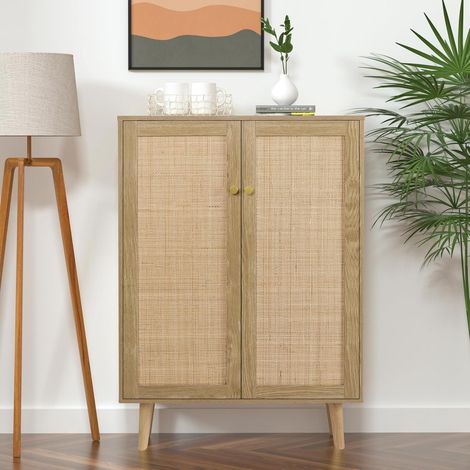 Rotin Buffet Meuble de Rangement avec Étagère Réglable, Style Campagne, Haute Meuble de Cuisine pour Salle à Manger, Salon, Entrée et Couloir 80 x 34 x 112 cm (1/5)
