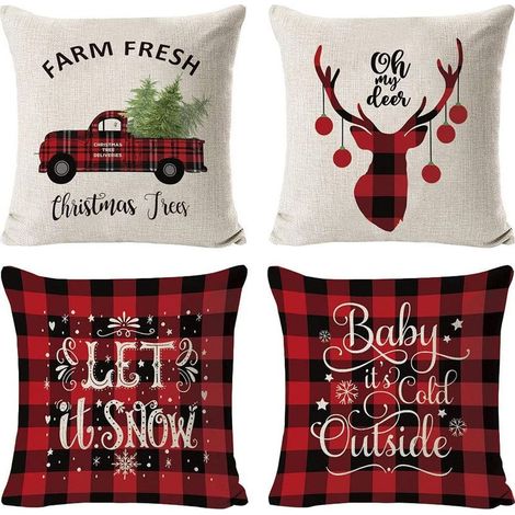 LangRay Weihnachtskissenbezüge, 4er-Pack, Weihnachtsbaum, Schneeflocke, Rentier, Leinenkissen, 45 cm (17,7 Zoll) (1/5)