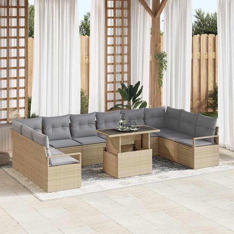Garten-Sofa-Set 11 pcs Beige und Hellgrau Poly-Rattan